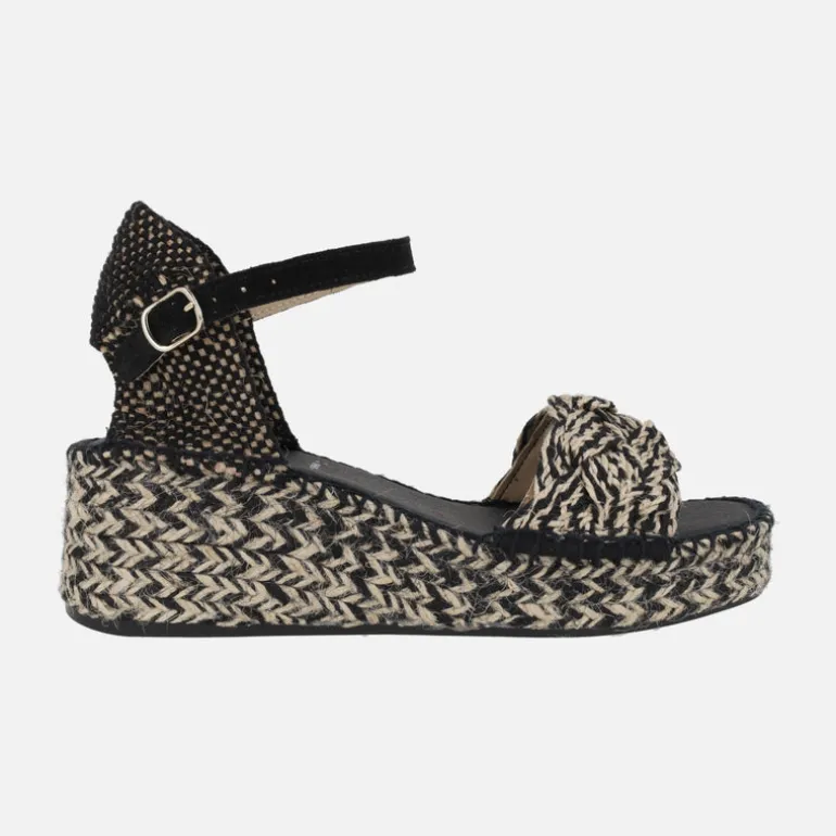 Alpargatas de rafia en combinado beige y negro con pulsera al tobillo