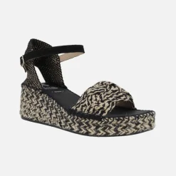 Alpargatas de rafia en combinado beige y negro con pulsera al tobillo