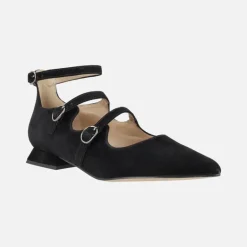 Bailarinas negras de ante con tiras de hebillas y pulsera al tobillo