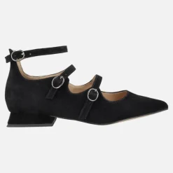 Bailarinas negras de ante con tiras de hebillas y pulsera al tobillo