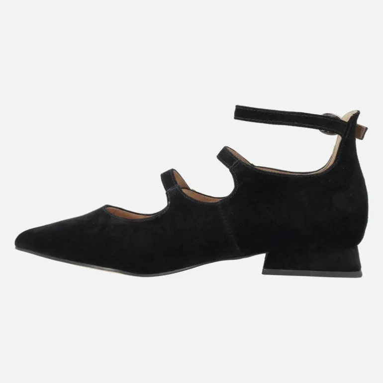 Bailarinas negras de ante con tiras de hebillas y pulsera al tobillo
