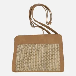 Bolsos bandolera en acabado rafia camel y beige