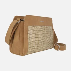 Bolsos bandolera en acabado rafia camel y beige