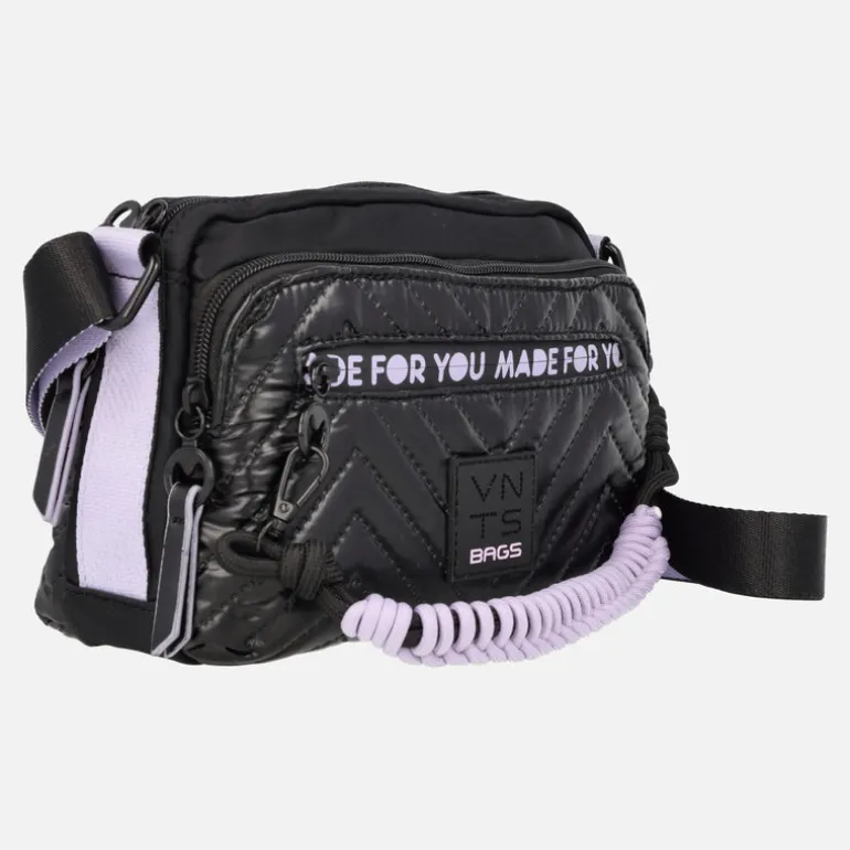 Bolsos bandolera en tejido acolchado negro con detalles en malva