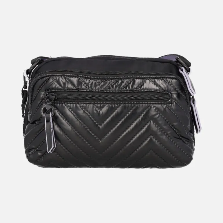 Bolsos bandolera en tejido acolchado negro con detalles en malva