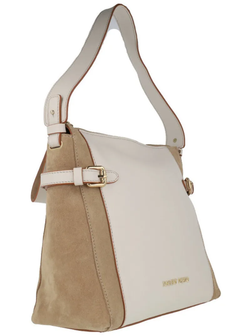 Bolsos de piel Robert pietri en combinado de ante camel y piel hielo