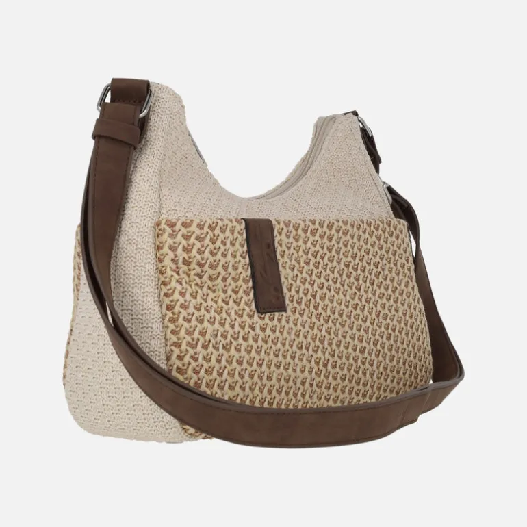 Bolsos en combinado de tejido y rafia con asa ajustable