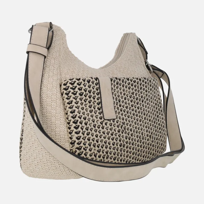 Bolsos en combinado de tejido y rafia con asa ajustable
