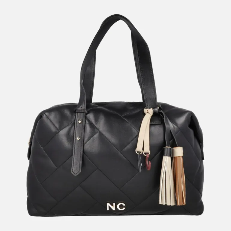 Bolsos estilo bowling en guateado negro con adorno de borlas