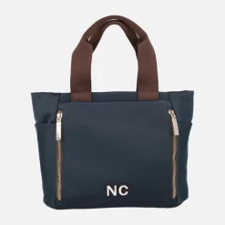 Bolsos shopper en tejido nylon azul marino con asas marrones