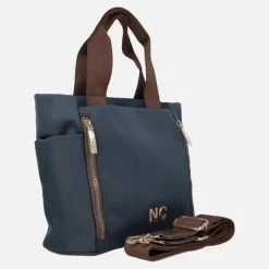Bolsos shopper en tejido nylon azul marino con asas marrones