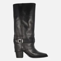 Botas altas Camile en piel negra con vuelta de caña y hebilla