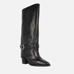 Botas altas Camile en piel negra con vuelta de caña y hebilla