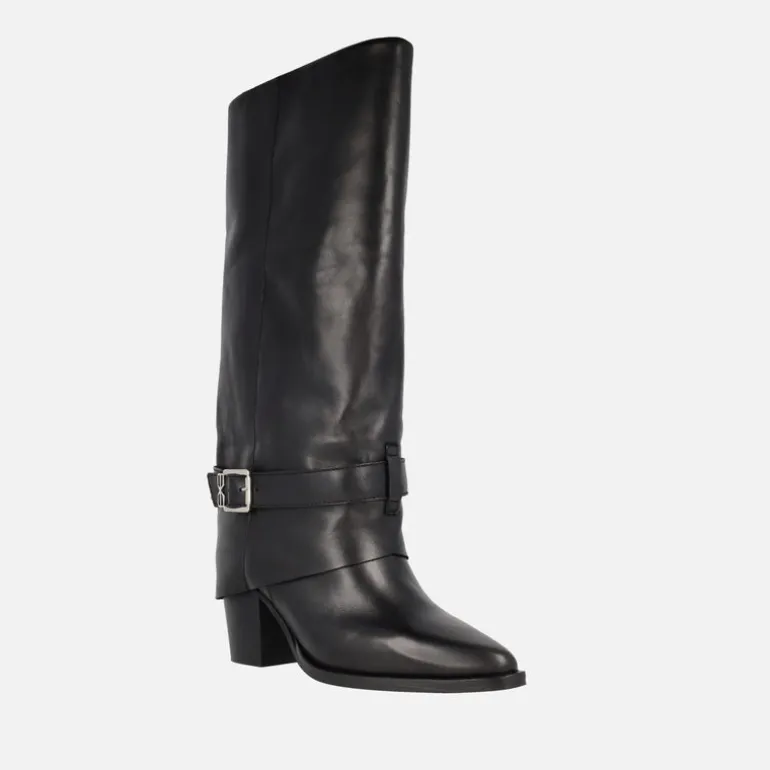 Botas altas Camile en piel negra con vuelta de caña y hebilla
