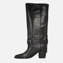 Botas altas Camile en piel negra con vuelta de caña y hebilla
