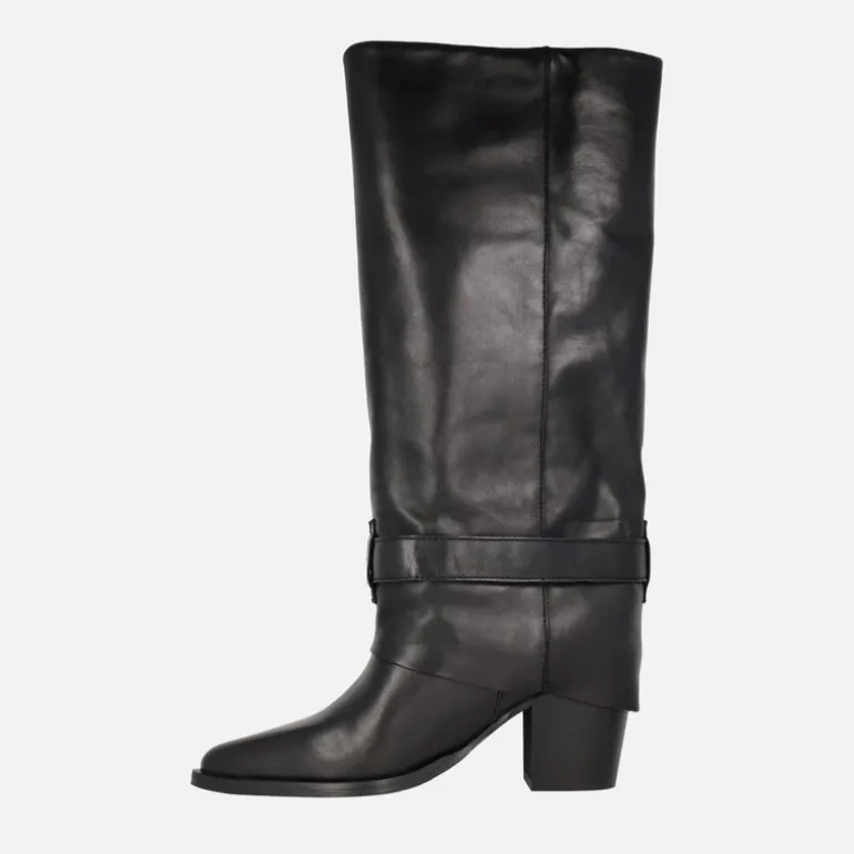 Botas altas Camile en piel negra con vuelta de caña y hebilla
