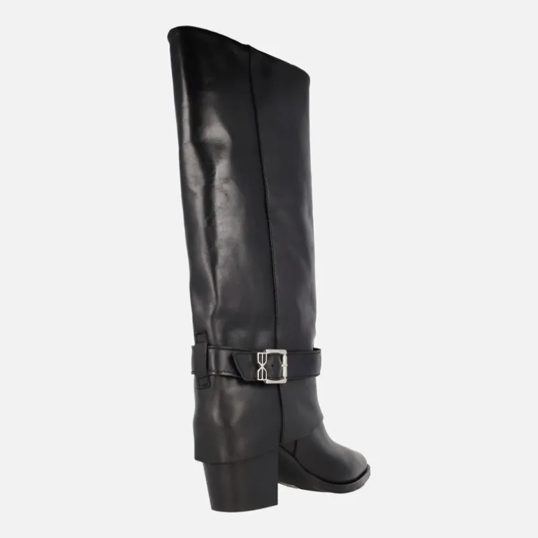 Botas altas Camile en piel negra con vuelta de caña y hebilla
