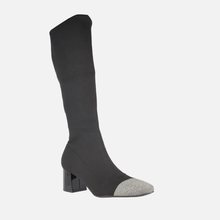 Botas altas de tacón en tejido elástico negro con puntera metalizada Suffolk