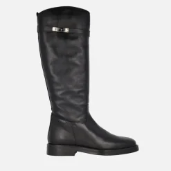 Botas altas en piel negra con adorno metálico