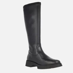 Botas altas en piel negra con caña en materiales elásticos