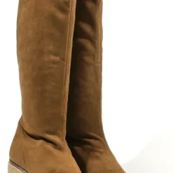 Botas altas en tejido elástico marrón con tacones de goma