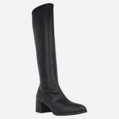 Botas altas en tejido elástico textura piel con tacón bajo