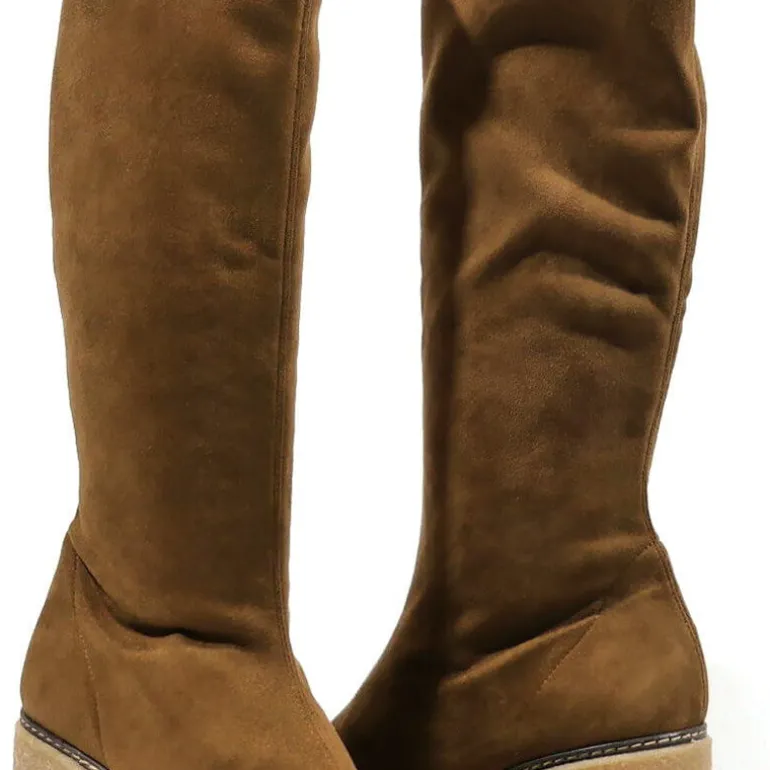 Botas altas en tejido elástico marrón con tacones de goma
