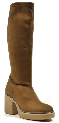 Botas altas en tejido elástico marrón con tacones de goma