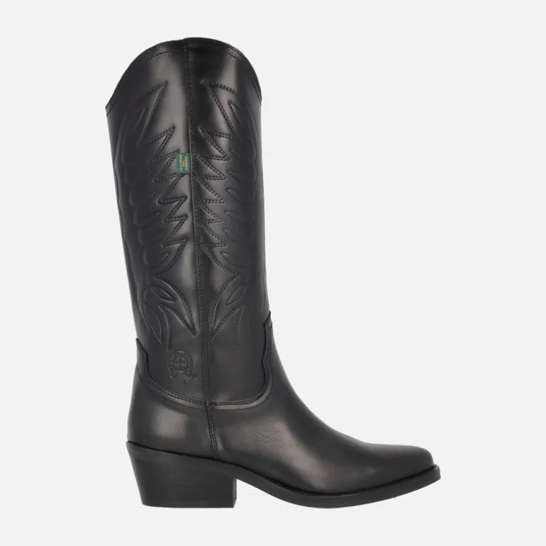 Botas altas estilo cowboy con bordados en piel negra DKT 67