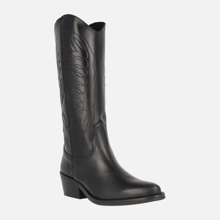Botas altas estilo cowboy con bordados en piel negra DKT 67