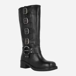 Botas altas moteras negras de piel con hebillas Selena