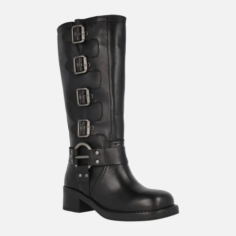 Botas altas moteras negras de piel con hebillas Selena