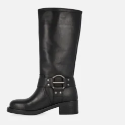 Botas altas moteras negras de piel con hebillas Selena