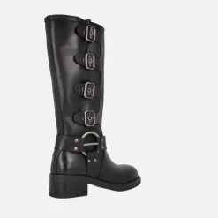 Botas altas moteras negras de piel con hebillas Selena