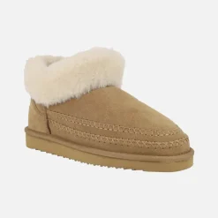 Botas bajas estilo australianas en serraje camel con cuello de pelo