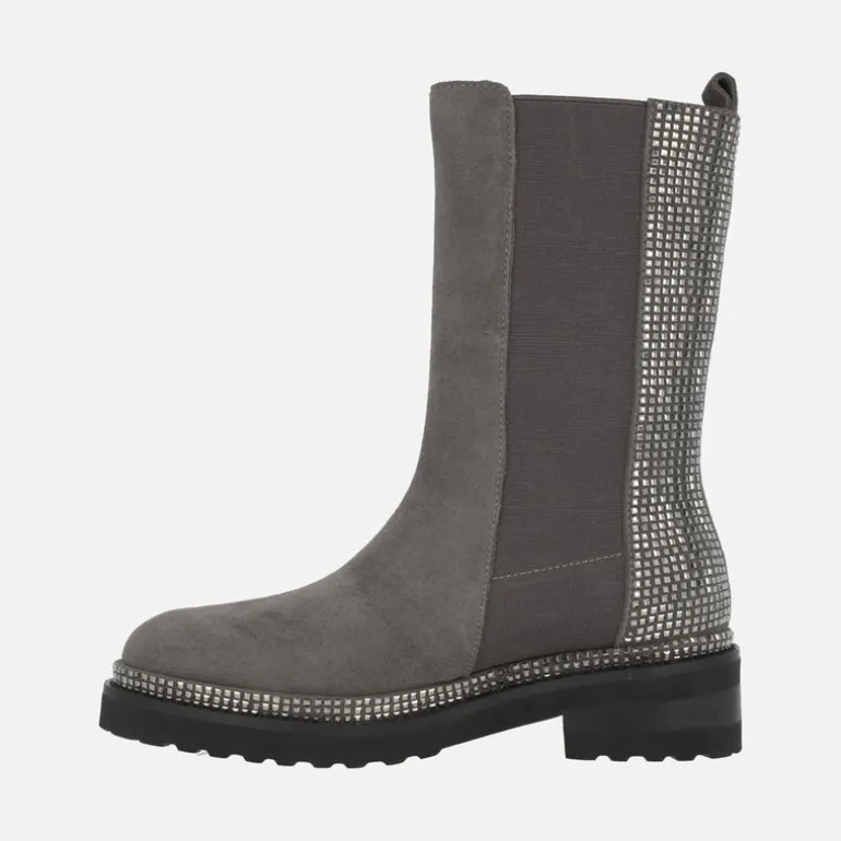 Botas de serraje gris con elásticos y trasera de strass