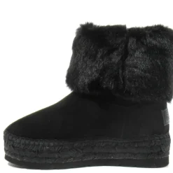 Botas negras de ante con vuelta de pelo y plataforma de esparto