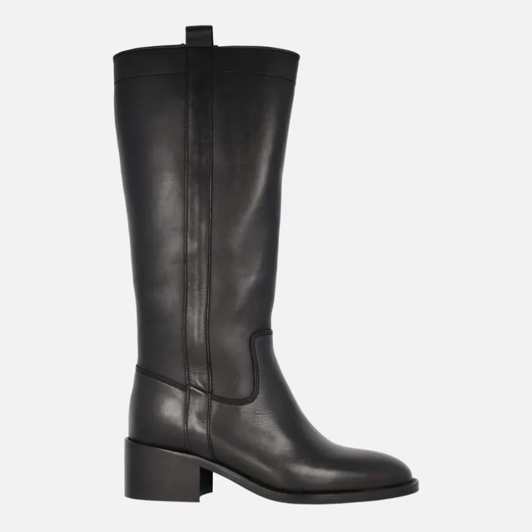 Botas negras de piel con caña alta y tacón bajo Lyra
