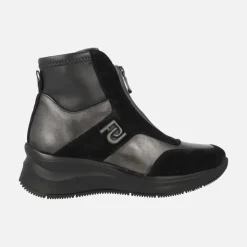 Botines con cremallera frontal en combinado negro y metalizado