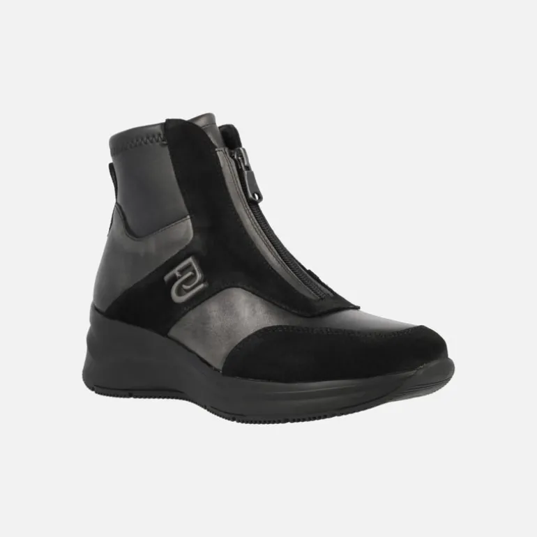 Botines con cremallera frontal en combinado negro y metalizado
