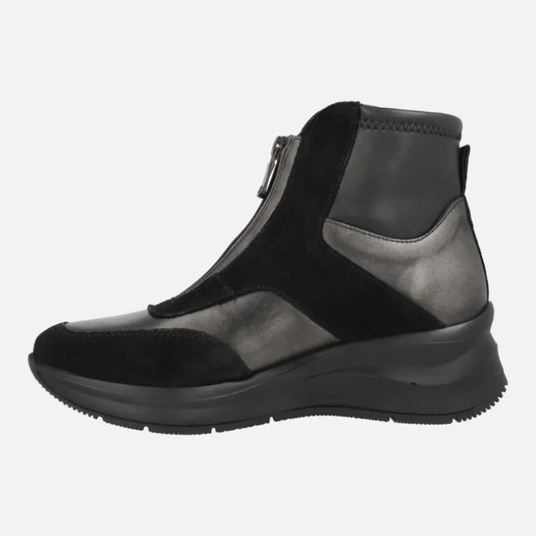 Botines con cremallera frontal en combinado negro y metalizado
