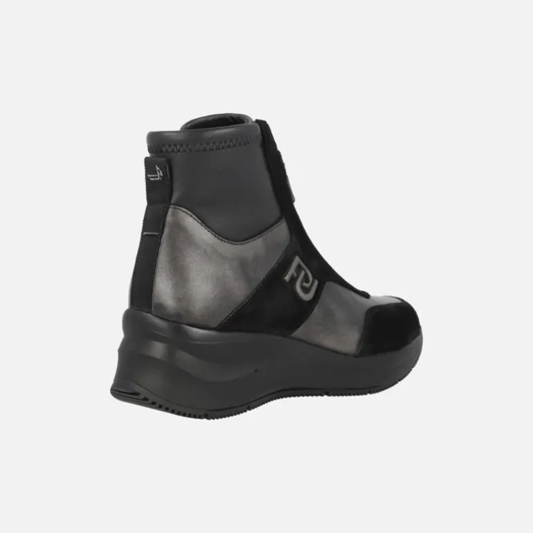 Botines con cremallera frontal en combinado negro y metalizado