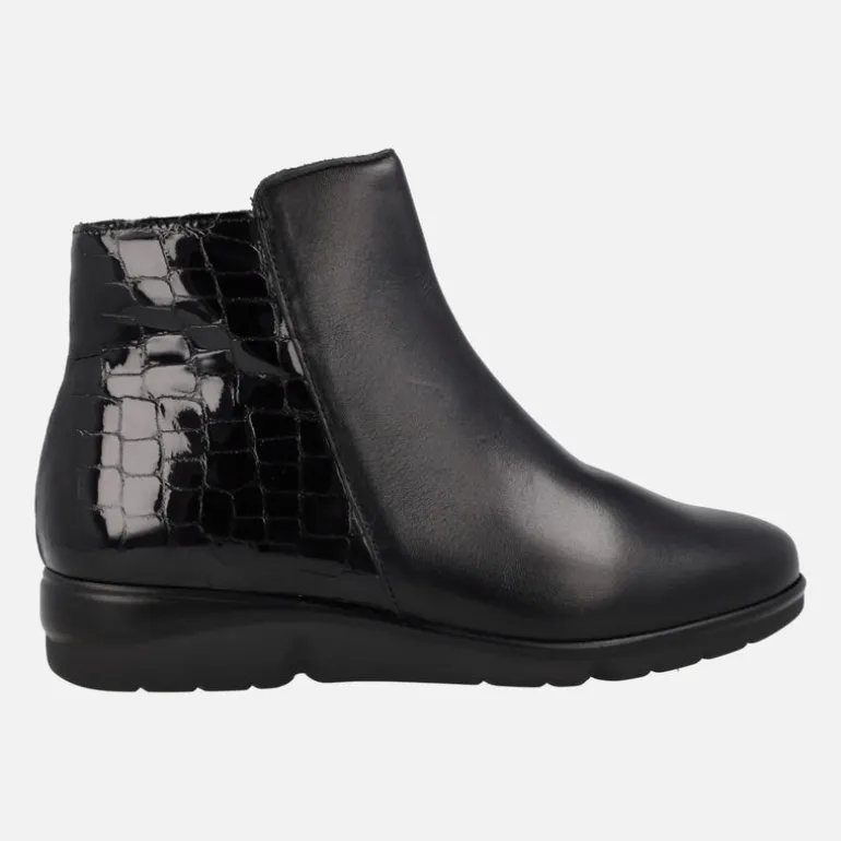 Botines confort en combinado de piel y coco charol negro