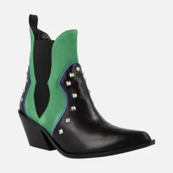 Botines cowboy en combinado negro y verde con remaches metálicos