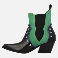 Botines cowboy en combinado negro y verde con remaches metálicos