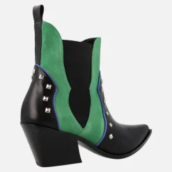 Botines cowboy en combinado negro y verde con remaches metálicos