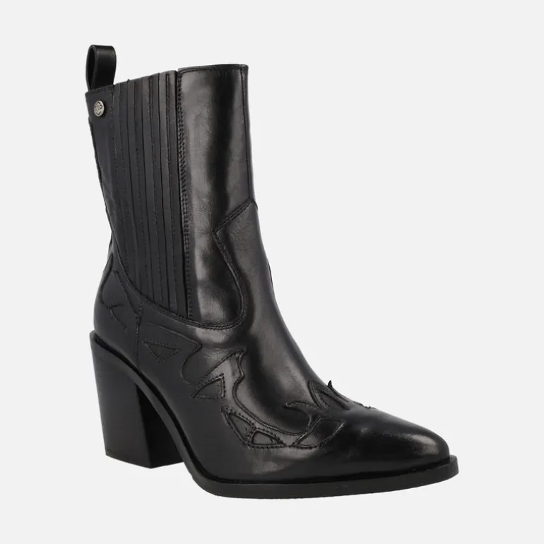 Botines cowboy en piel negra con caña alta y tacones de 8 cms