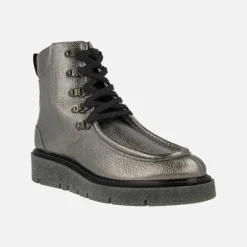 Botines de cordones en piel metalizada plomo para mujer