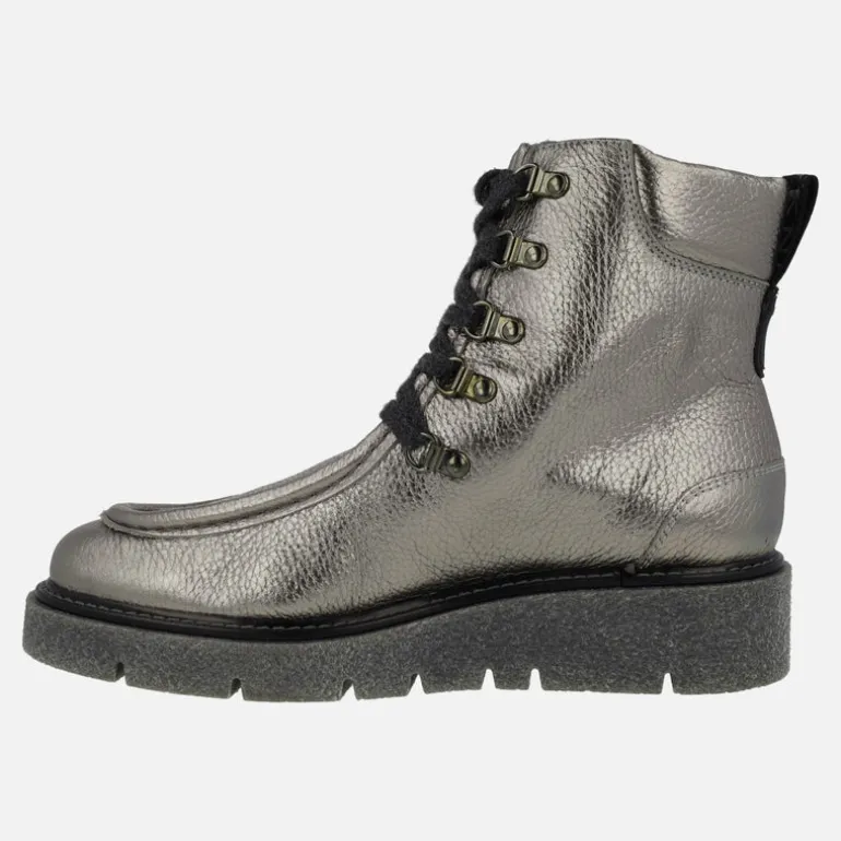 Botines de cordones en piel metalizada plomo para mujer