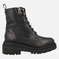 Botines de cordones estilo militar en piel negra con cremalleras